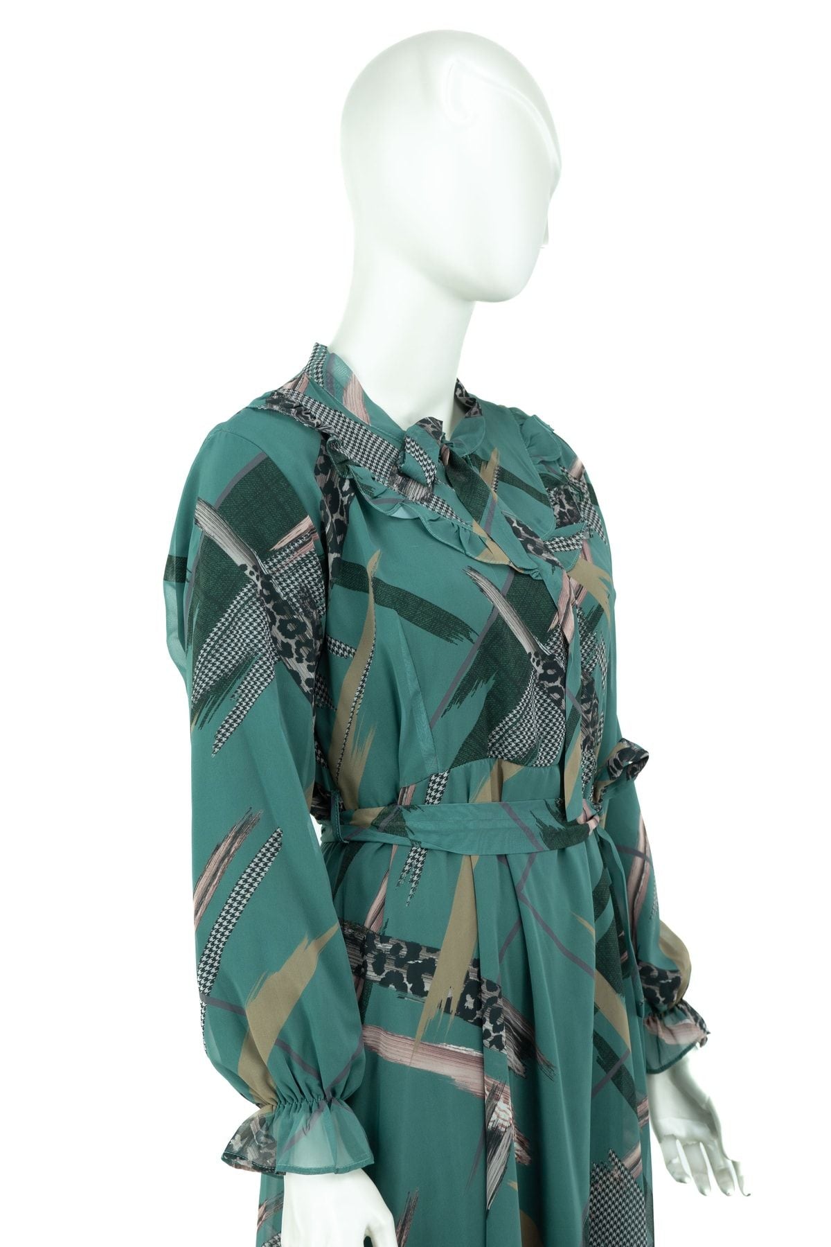 Kadın Zarif Desenli Yuvarlak Yaka Kuşaklı Astarlı Tam Kalıp Rahat Kesim Uzun Şifon Elbise